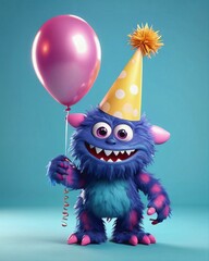 Funny smiling purple monster in 3D animation style celebrating his birthday with a balloon, with a light colored background, for animation, illustration, digital art.