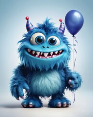 Funny smiling blue monster in 3D animation style celebrating his birthday with a balloon, with a light colored background, for animation, illustration, digital art.