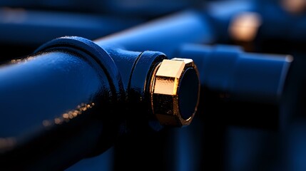 Elegant wine bottle neck with golden foil capsule on dark blue background, dramatic lighting creates luxurious mood for premium beverage marketing and design.