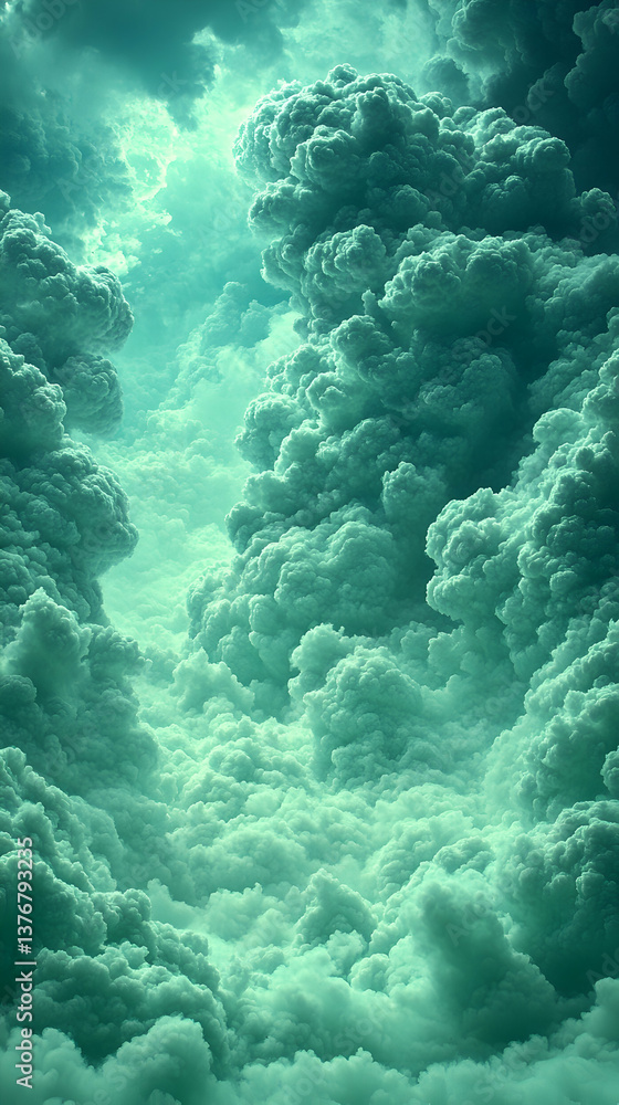 Poster vast ethereal cloudscape with intricate patterns bathed in calming turquoise hues evokes a sense of 