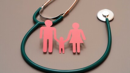 Family healthcare and protection concept. Red paper cutout of parents and child with stethoscope on neutral background. Medical insurance, wellness, diagnostics, healthcare access