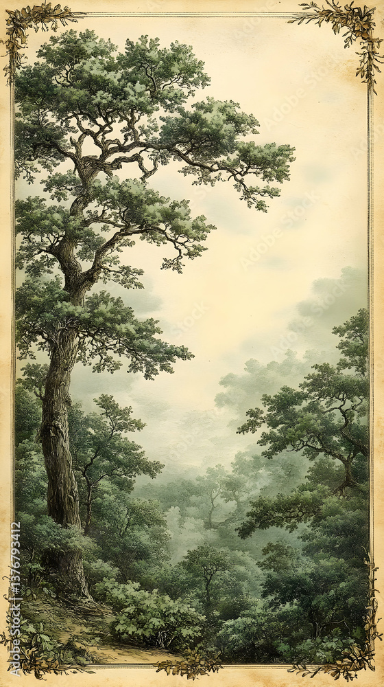 Poster verdant forest with tall trees and misty atmosphere inside an ornate border creating a serene and an