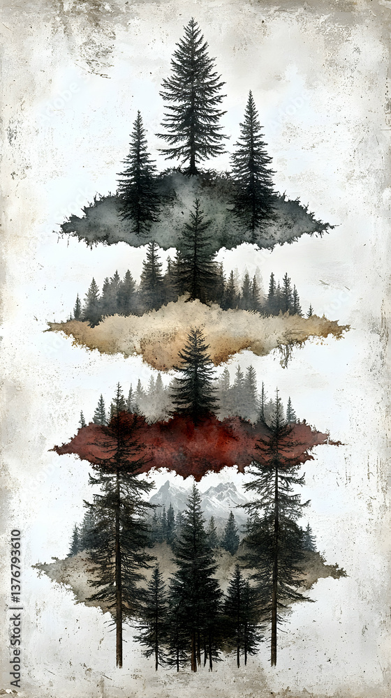 Poster vertical rows of pine trees in varying shades overlap set against a textured white backdrop evoking 