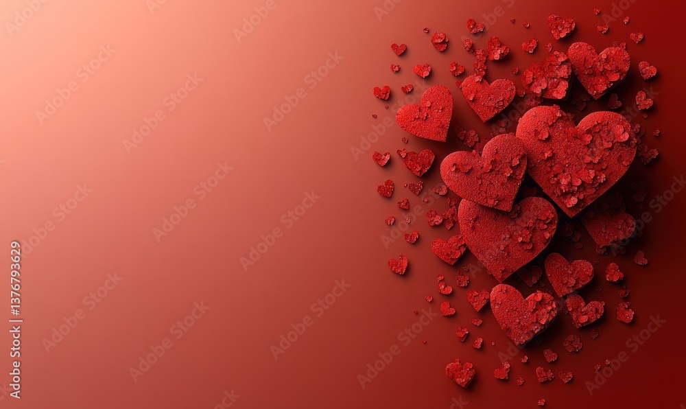 Poster red textured hearts scattered on a gradient background, creating a romantic and festive design
