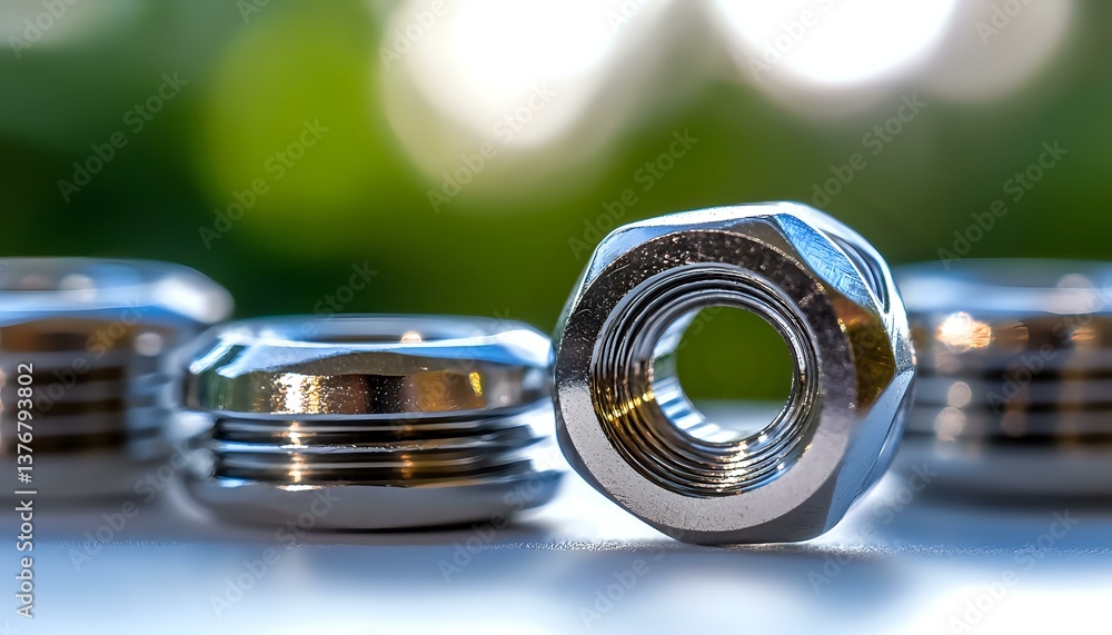 Aufkleber chrome metal hex nuts arranged in row with selective focus on center nut showing thread detail again