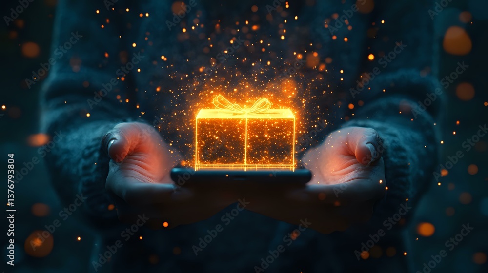 Poster glowing magical gift box floating between hands against dark background with sparkling light particl