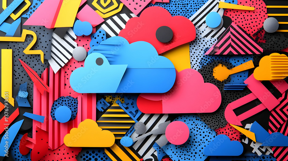 Poster vibrant composition layered shapes textures create a playful and dynamic aesthetic bold colors pop a