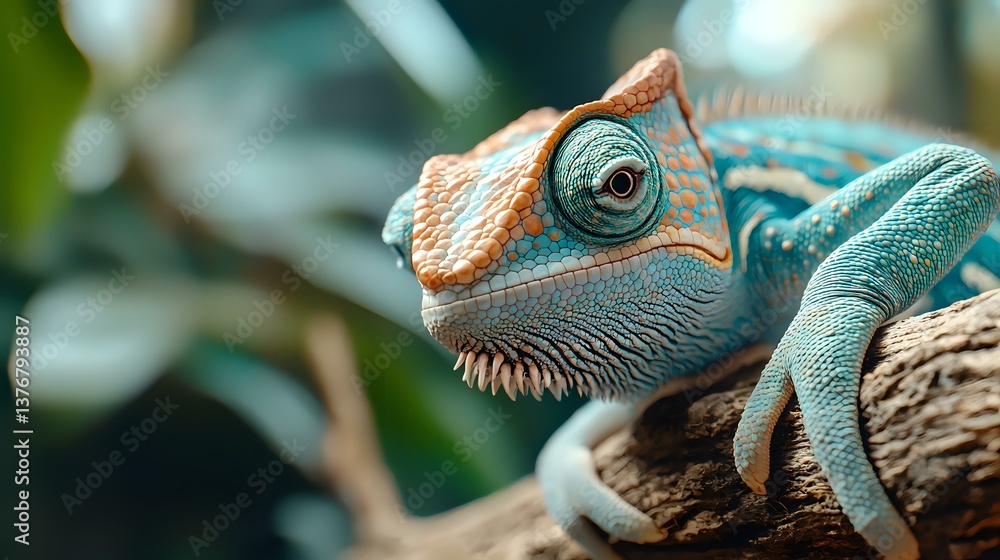 Aufkleber vibrant turquoise chameleon with orange markings perched on tree branch, displaying distinctive eye 