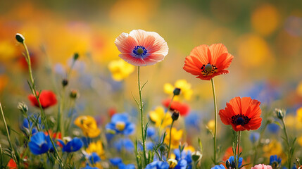 Naklejka premium Colorful wildflowers bloom in a sunny meadow