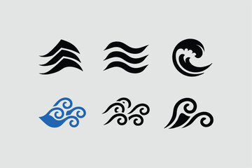 Abstract sea waves. Ocean silhouette aqua curlicues, ripples, curls, splashes. Turquoise and blue water marine icons for graphic design. Logo template. Vector set. Tsunami or stormy weather