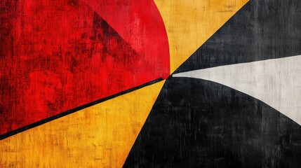 an abstract artwork featuring bold geometric shapes in red, yellow, and black. The composition creates a striking visual contrast, exuding modernism and artistic flair