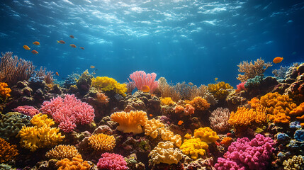 Fototapeta premium Vibrant coral reef with colorful corals and fish swimming in the clear blue water illuminated by sunlight filtering fro