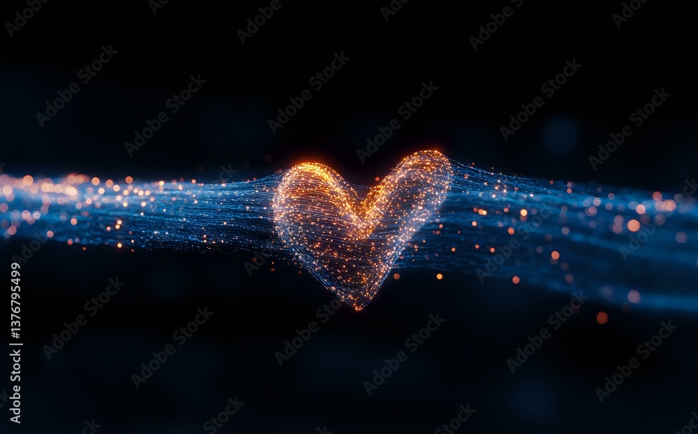 Poster glowing orange heart shape formed by luminous particles with streaming light trails against dark bac