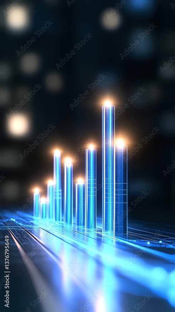 Poster glowing blue bar chart visualization with light effects on dark background showing upward trend, dig