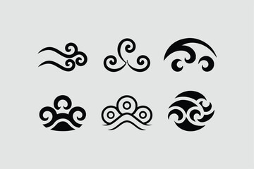 Abstract sea waves. Ocean silhouette aqua curlicues, ripples, curls, splashes. Turquoise and blue water marine icons for graphic design. Logo template. Vector set. Tsunami or stormy weather