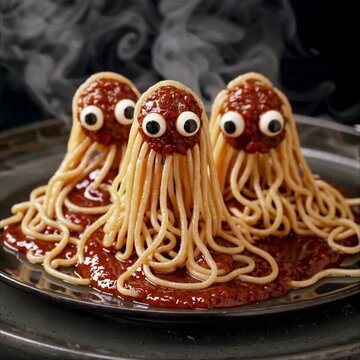 Three pasta monsters with sauce heads and spaghetti tentacles, positioned on red tomato sauce, featuring googly eyes and open mouths, creating playful food art