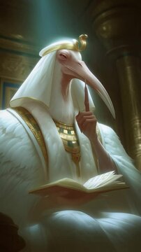 Thoth, the ancient Egyptian god of knowledge and wisdom reads from a book in an opulent, dimly lit chamber.