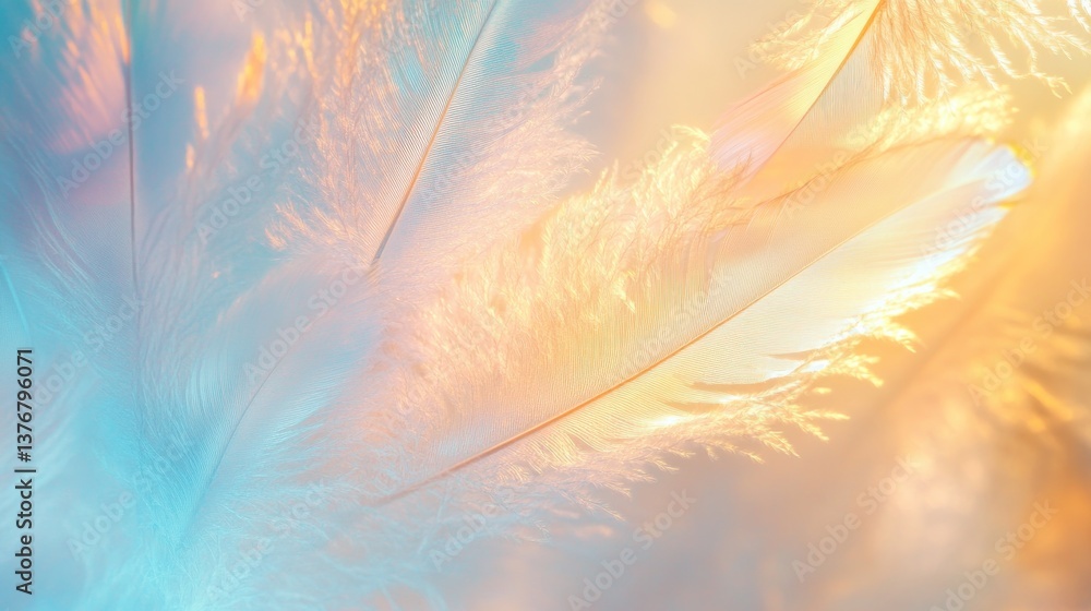 Poster a soft, ethereal image of delicate feathers, with a mix of colors and textures to create a dreamy an