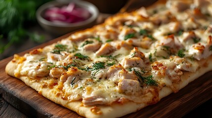 Homemade flatbread pizza with grilled chicken, melted mozzarella and fresh herbs served on wooden cutting board, close up view of crispy crust and toppings.