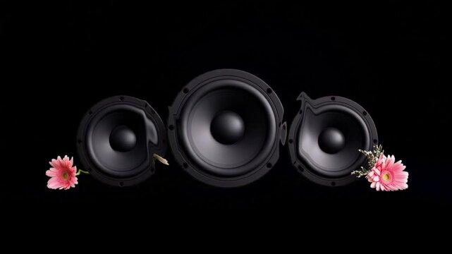 Three speakers with flowers around on black background music vibration shaking animated visual for music clip