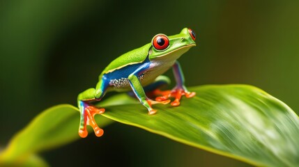 Fototapeta premium Vibrant red-eyed tree frog perched on a green leaf in lush rainforest habitat