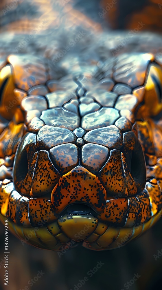Poster close-up macro shot of snake head with intricate scale patterns in orange and blue tones, showing de