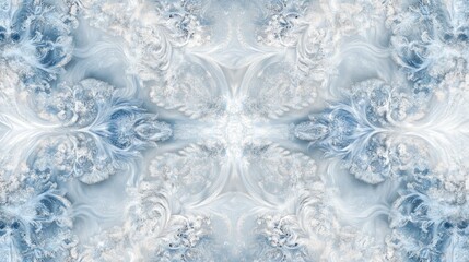 Naklejka premium A symmetrical pattern resembling ice crystals with ornate detailing, showcasing shades of blue and white, conveying elegance and winter's beauty.