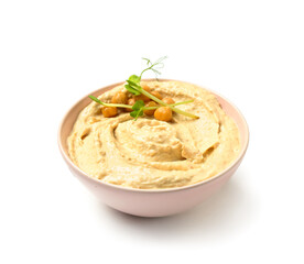 Bowl of delicious hummus with chickpeas and micro green on white background
