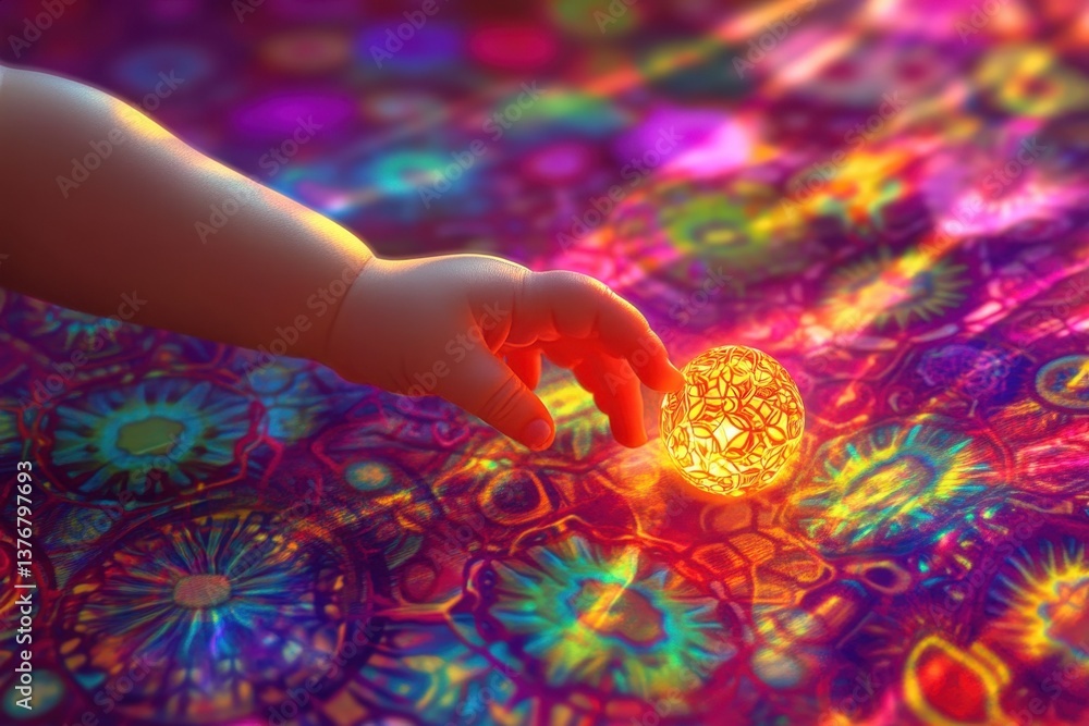 Poster child's hand reaching for glowing orb on colorful patterned surface in soft light