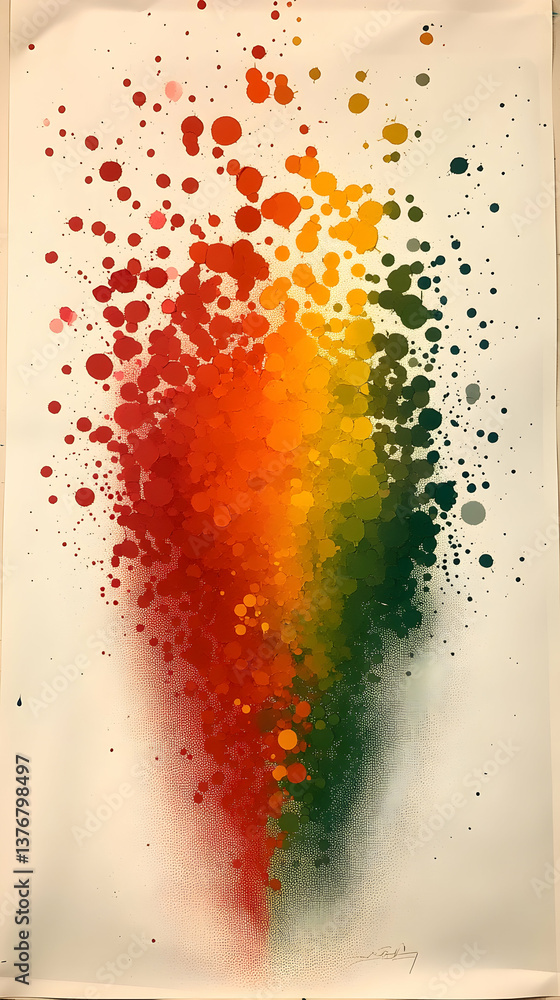 Poster Vibrant splatters of red orange yellow and green create an abstract gradient effect on a white backdrop