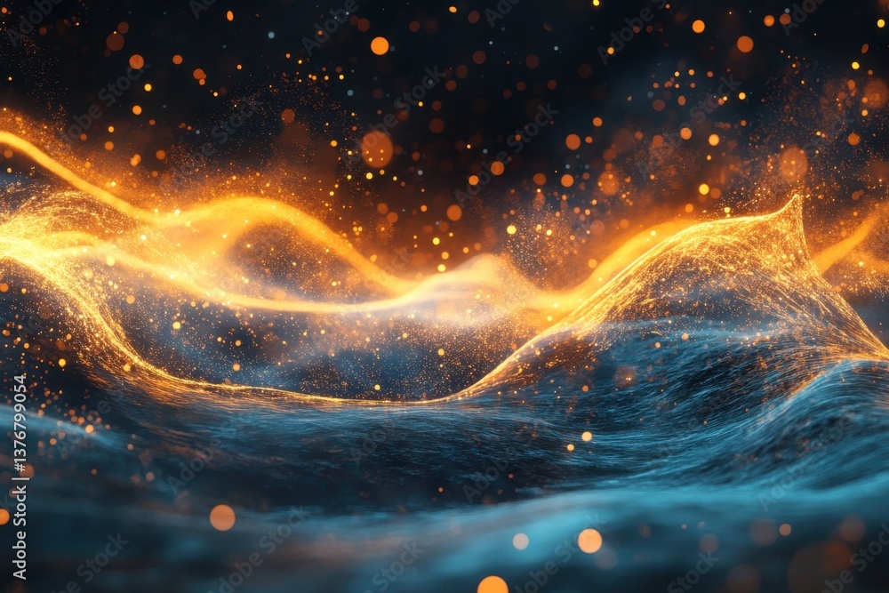 Poster vibrant waves of light and color create an ethereal atmosphere in a digital landscape