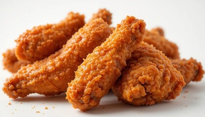 Golden brown fried chicken drumsticks, crispy texture, close up view against a white background. A delicious and tempting food image