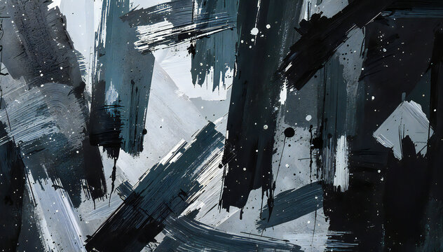 Bold brushstrokes of dark, gray, and white intertwine, creating a dramatic abstract painting. This image exudes a modern artistic expression, evoking feelings of both depth and contrast.