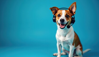 Cute dog wearing headset blue background. Adorable pet call center concept. Puppy animal technology communication service funny earphones microphone playful working operator client support.