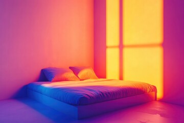 Sunset light casts vibrant colors across a modern bedroom with a cozy bed
