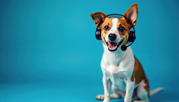 Cute dog wearing headset blue background. Adorable pet call center concept. Puppy animal technology communication service funny earphones microphone playful working operator client support.