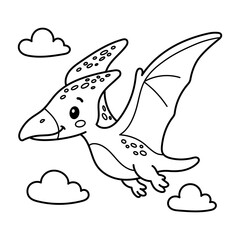 Happy pterodactyl flying in the sky coloring page for kids, ideal for fun dino-themed activities © Anna