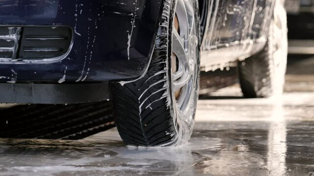 Droplets of detergent drip off the body of a passenger car.