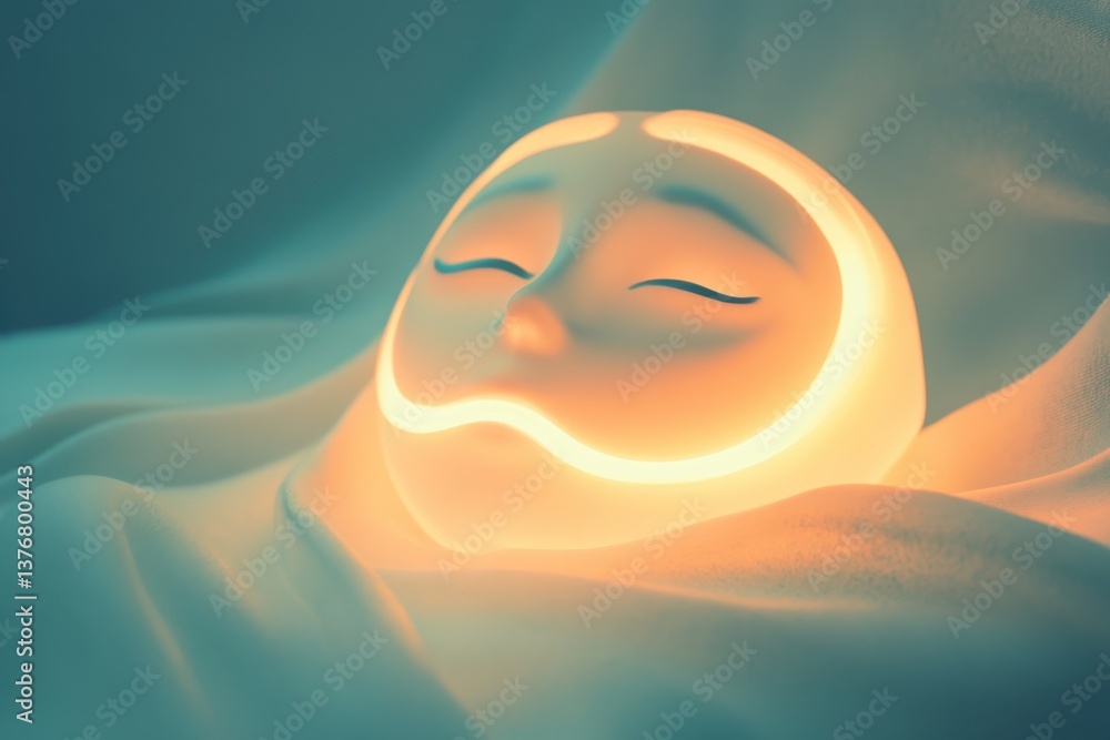 Poster creative glowing moon face design resting on soft fabric in serene setting at night