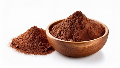 cocoa powder in wooden bowl isolated on white background
