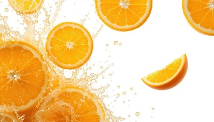 Vibrant orange slices splashing in water against a white background. Close up view showcasing juicy citrus segments and water droplets
