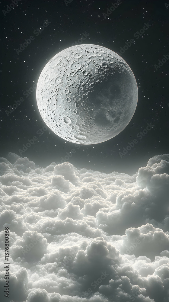 Poster view from above fluffy white clouds at a large moon in the starry sky rendered in dark gray and whit
