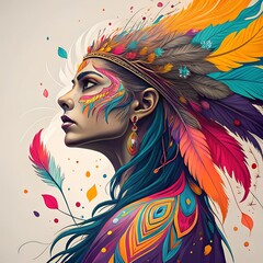 Indian woman with colorful feathers on her head