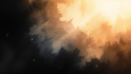 Naklejka premium Golden hour sunset, forest fire smoke, dark trees, dramatic sky, smoky forest, mysterious forest, abstract, artistic, moody, atmospheric, fire, smoke, nature, landscape, environment, fire, wilderness.