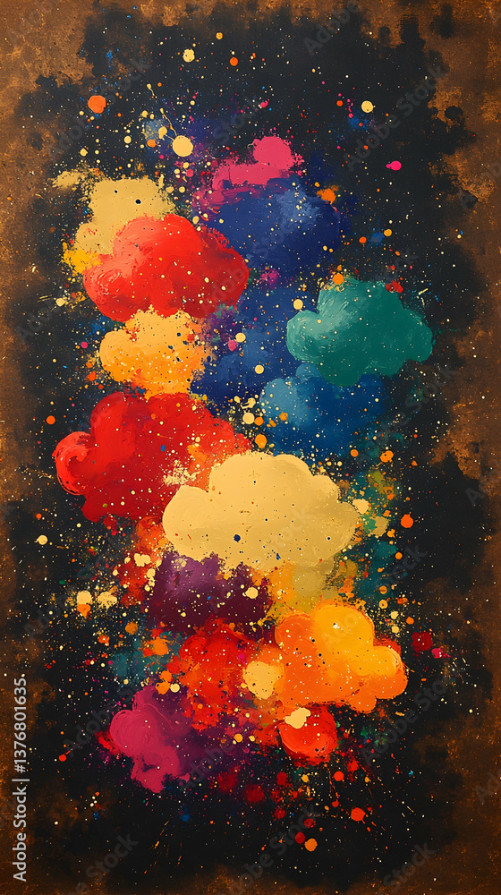 Poster vivid and cosmic paint explosion with splatters and vibrant clouds on a dark textured backdrop creat