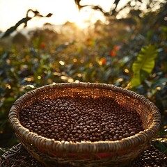 Luxurious elephant dung coffee bean drying under warm golden hour light their deep earthy tone glowing amber radiance placed traditional woven basket soft sun ray filtering through tropical plantation