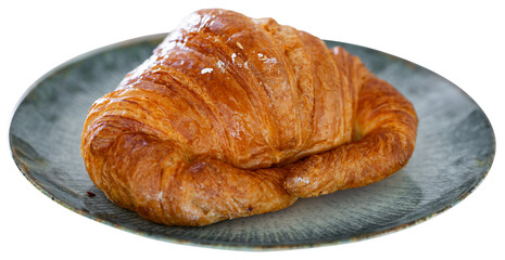 Close-up of showcase, store sells its own baked goods, puff pastry. Croissants, rolls with cheese and chocolate filling. Isolated over white background