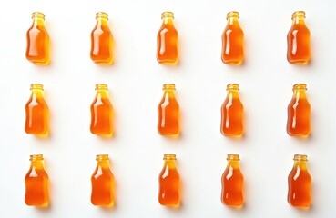 -flavored gummy jellies in bottle shape, arranged over white background. Candy sweets for kids. Delicious dessert, snack for children, flavored candies, gummies. Sweet food.