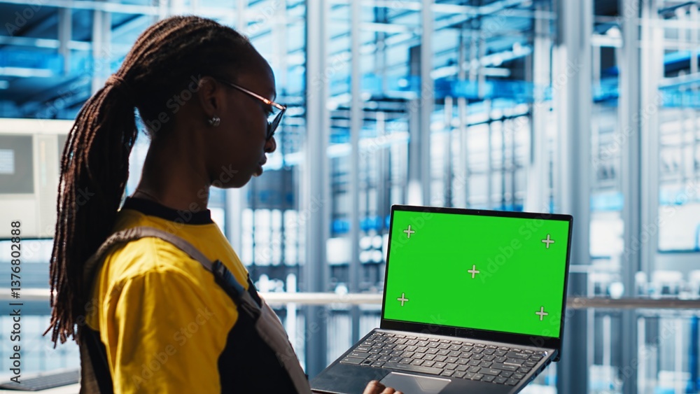 Poster worker using green screen laptop in smart factory, collecting and analyzing data. expert using track