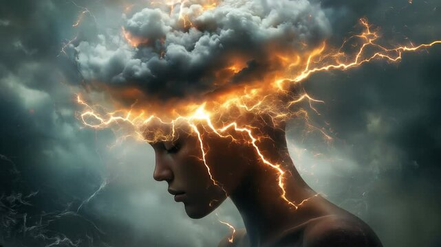 Surreal depiction of a woman with a stormy cloud and lightning on her head symbolizing thoughts and emotions. The dramatic scene represents imagination and creativity. Video made using Generative AI.